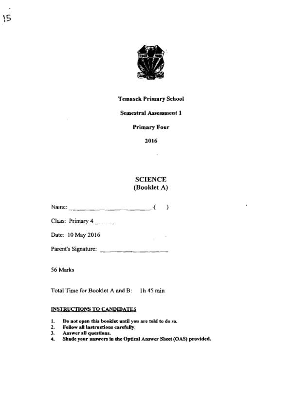 Temasek P4 Sci WA2 2016 exam paper PDF first page preview