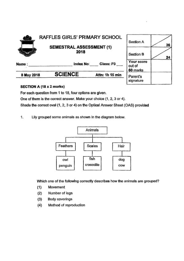 Raffles Girls P3 Sci WA2 2018 exam paper PDF first page preview