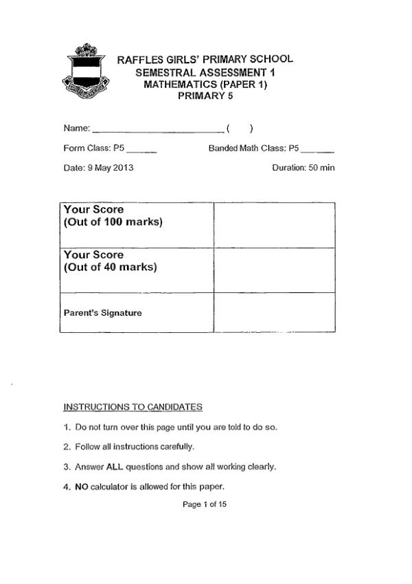 Raffles Girls P5 Math WA2 2013 exam paper PDF first page preview