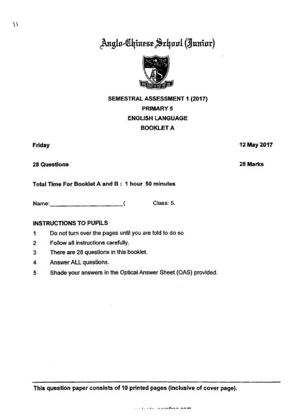 Anglo Chinese P5 Eng WA2 2017 exam paper PDF preview