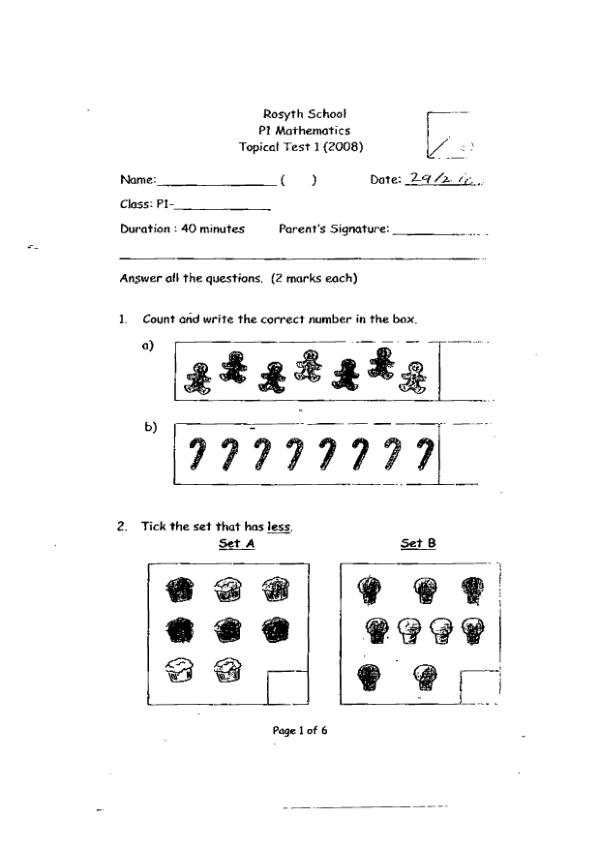 Rosyth P1 Math WA1 2008 exam paper PDF preview