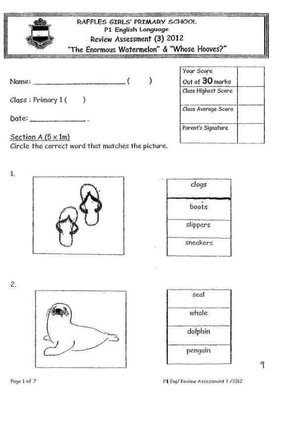 Raffles Girls P1 Eng WA3 2012 exam paper PDF first page preview