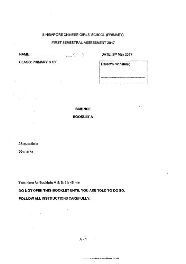 Singapore Chinese Girls P6 Sci WA2 2017 exam paper PDF first page preview
