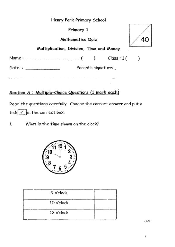 Henry Park P1 Math WA2 2012 exam paper PDF first page preview