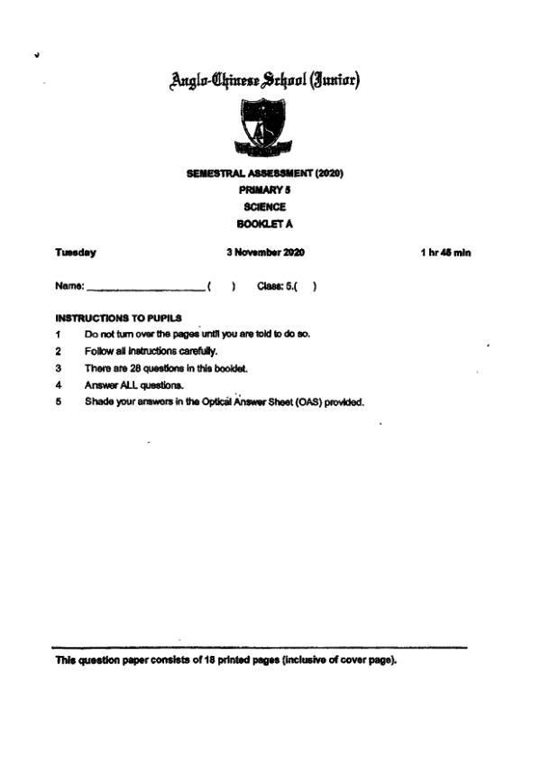 Anglo Chinese P5 Sci SA2 2020 exam paper PDF first page preview