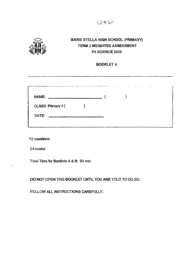 First page preview of P4 Sci 2025 WA2 — Maris Stella High