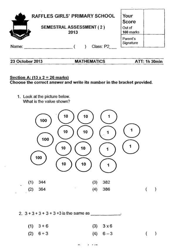 Raffles Girls P2 Math SA2 2013 exam paper PDF first page preview