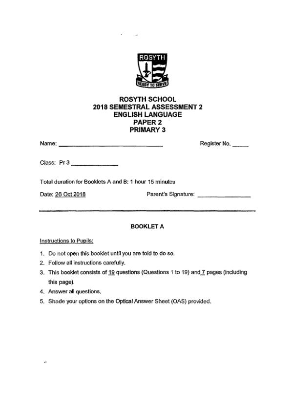 Rosyth P3 Eng SA2 2018 exam paper PDF preview