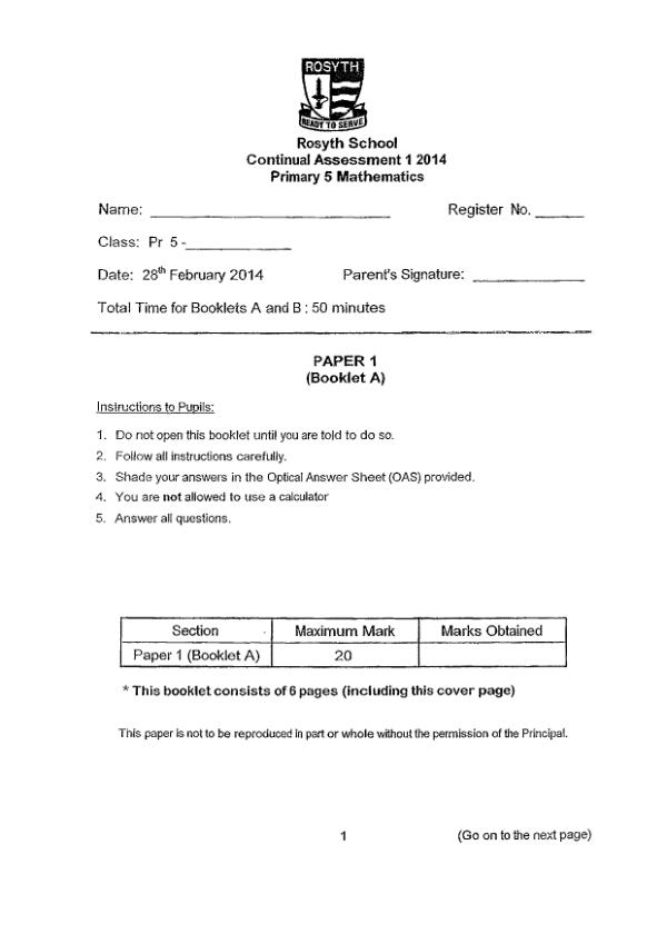Rosyth P5 Math WA1 2014 exam paper PDF preview
