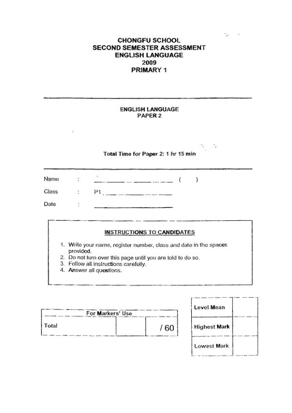 Chong Fu P1 Eng SA2 2009 exam paper PDF preview