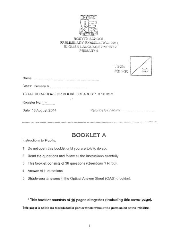 Rosyth P6 Eng SA2 2014 exam paper PDF preview