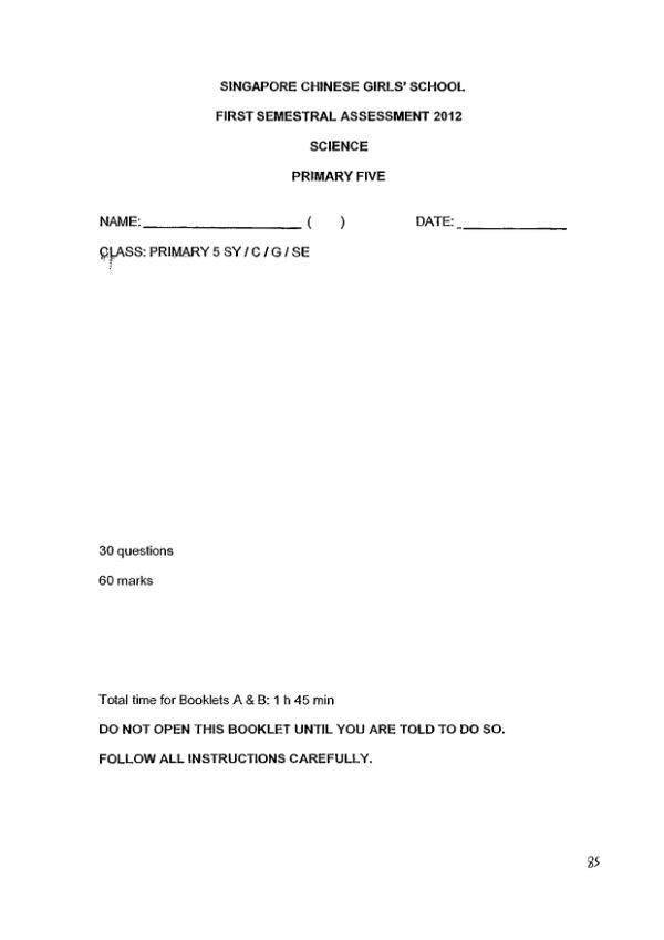 Singapore Chinese Girls P5 Sci SA2 2012 exam paper PDF preview