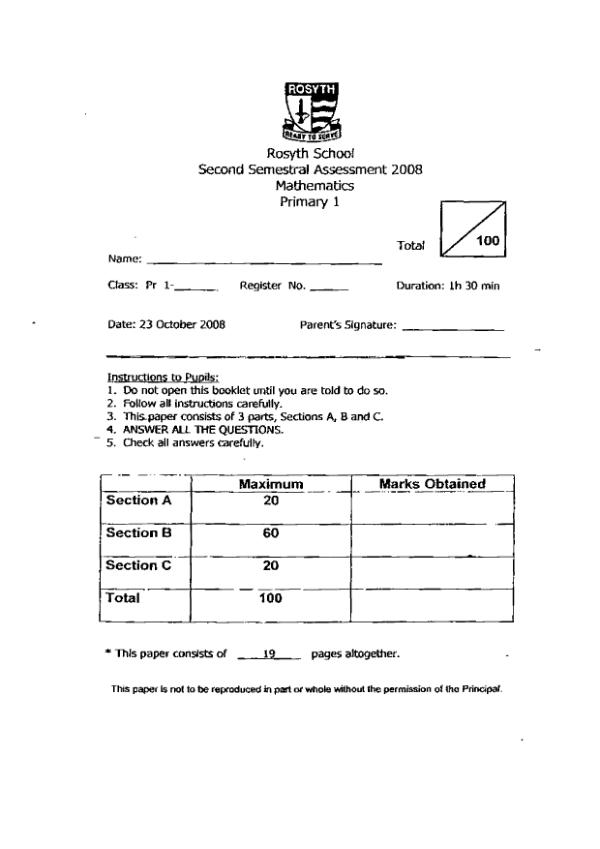 Rosyth P1 Math SA2 2008 exam paper PDF first page preview