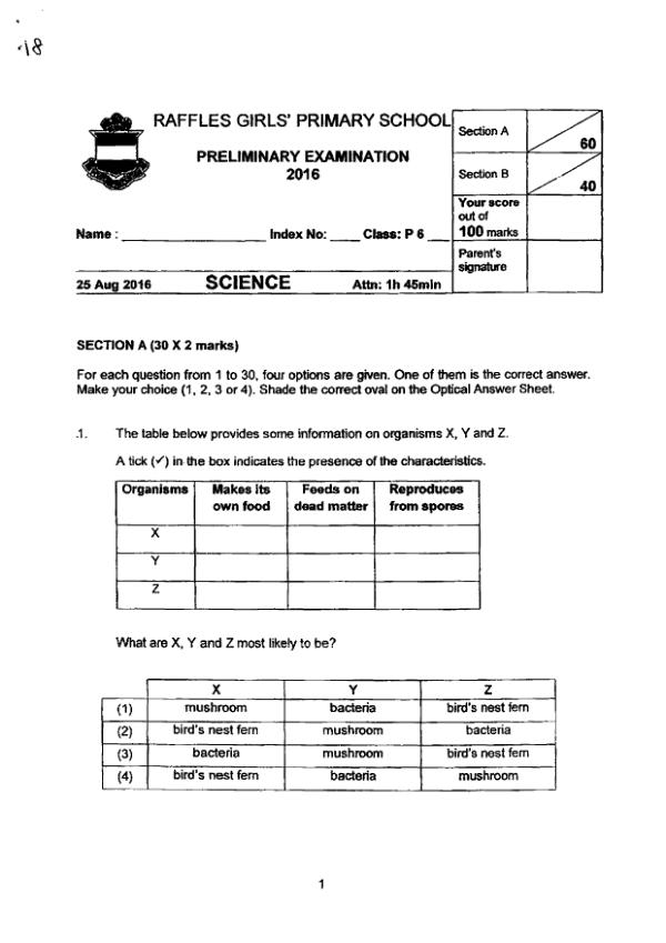 Raffles Girls P6 Sci SA2 2016 exam paper PDF first page preview
