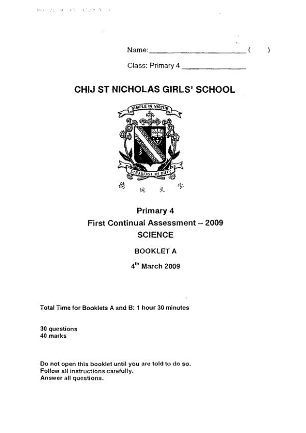 CHIJ P4 Sci WA1 2009 exam paper PDF preview