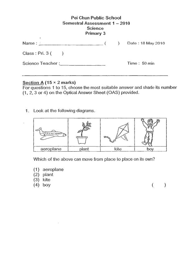 Pei Chun P3 Sci WA2 2010 exam paper PDF first page preview