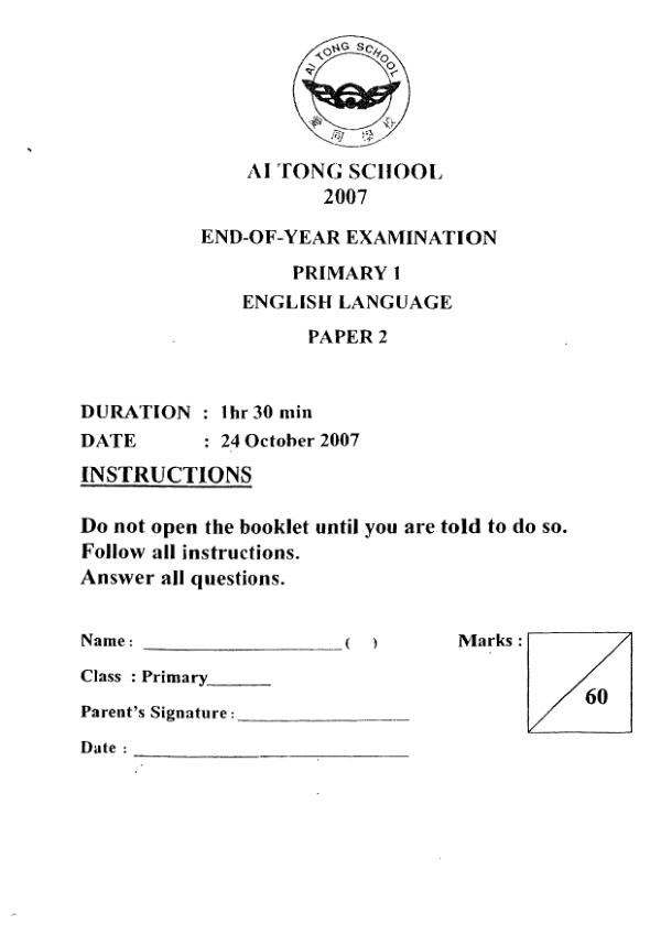 Ai Tong P1 Eng SA2 2007 exam paper PDF first page preview