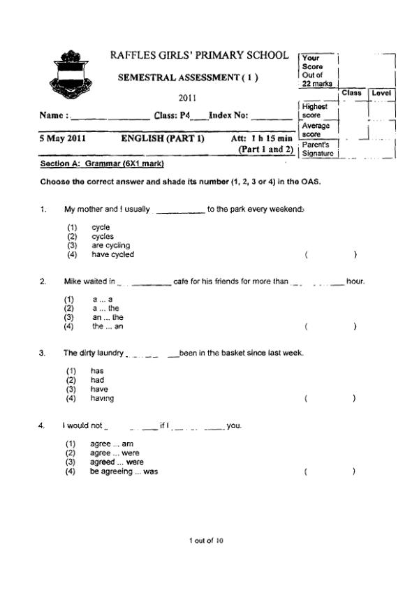 Raffles Girls P4 Eng WA2 2011 exam paper PDF preview