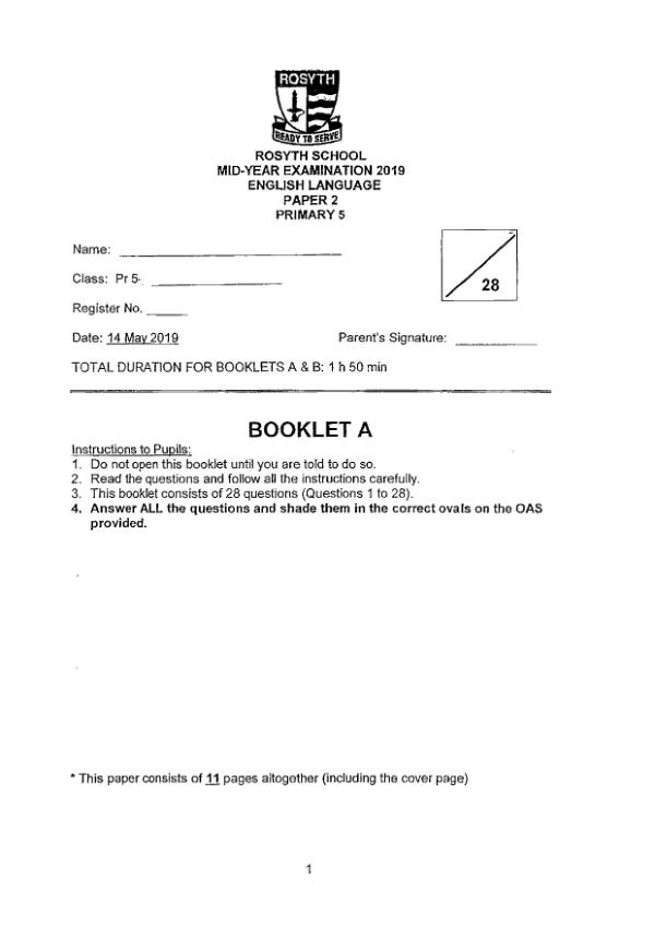 Rosyth P5 Eng WA2 2019 exam paper PDF first page preview