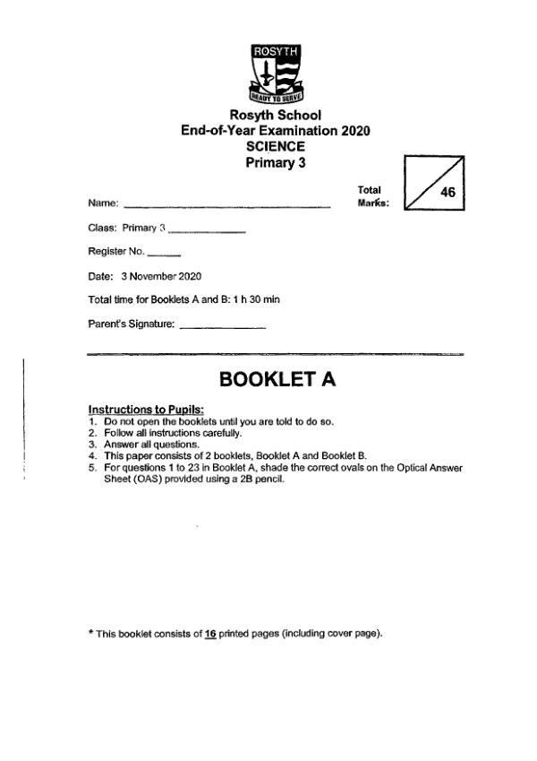 Rosyth P3 Sci SA2 2020 exam paper PDF preview
