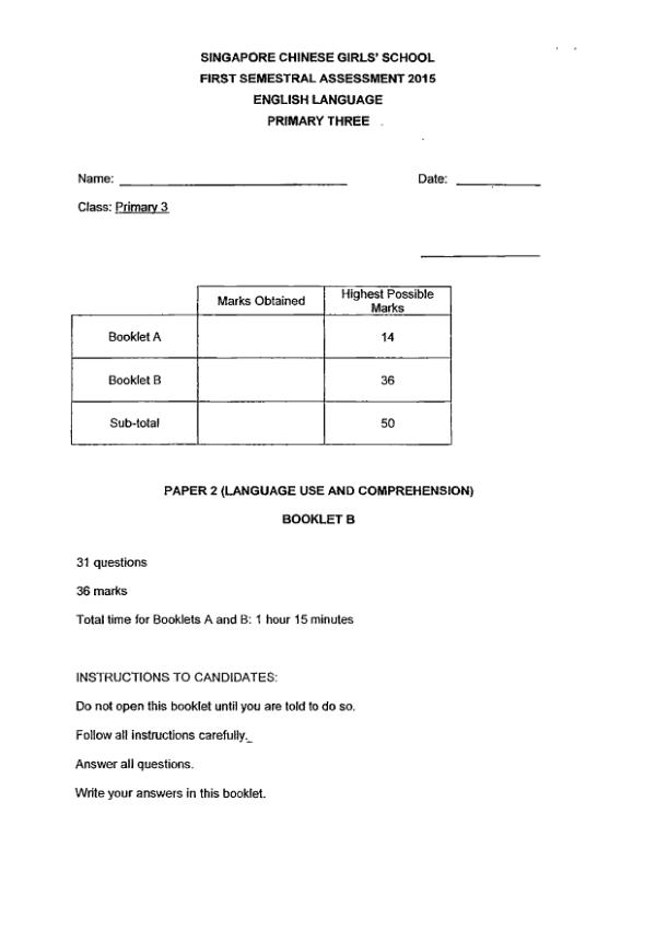 Singapore Chinese Girls P3 Eng WA2 2015 exam paper PDF first page preview