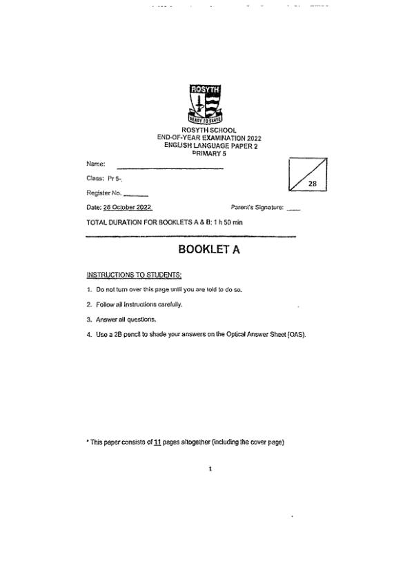 Rosyth P5 Eng SA2 2022 exam paper PDF first page preview