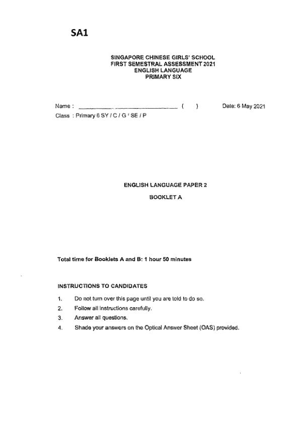 Singapore Chinese Girls P6 Eng WA2 2021 exam paper PDF first page preview