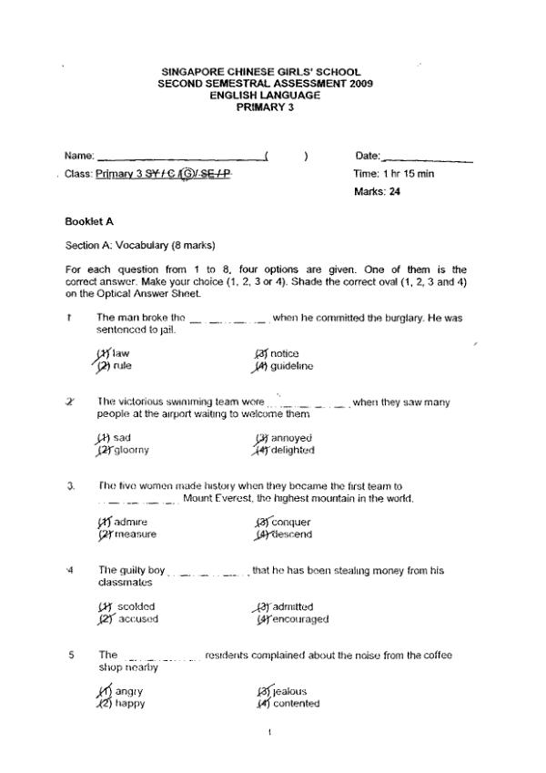Singapore Chinese Girls P3 Eng SA2 2009 exam paper PDF preview