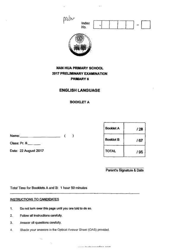 Nan Hua P6 Eng SA2 2017 exam paper PDF first page preview