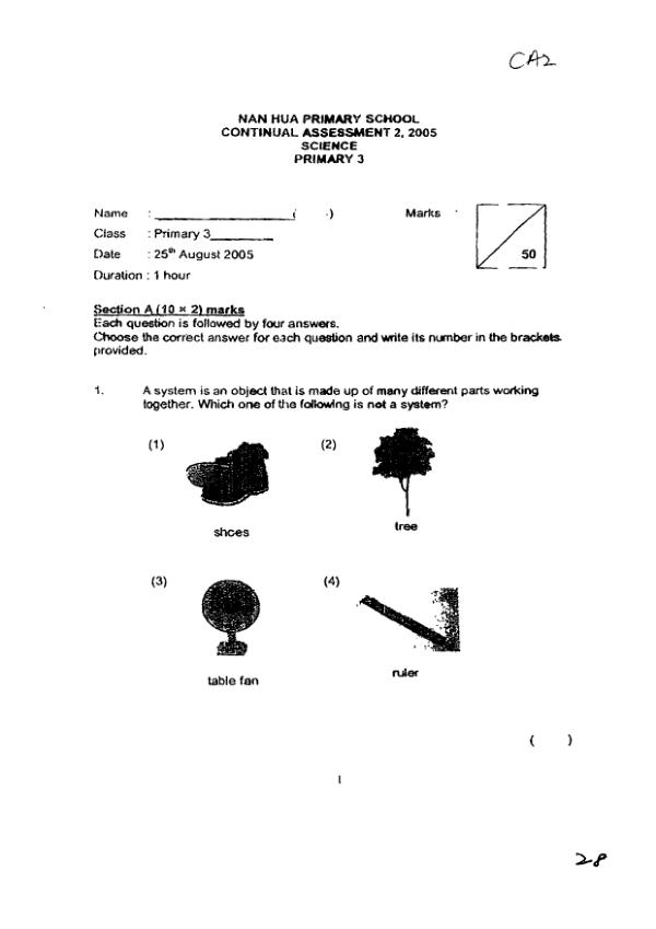 Nan Hua P3 Sci WA3 2005 exam paper PDF preview