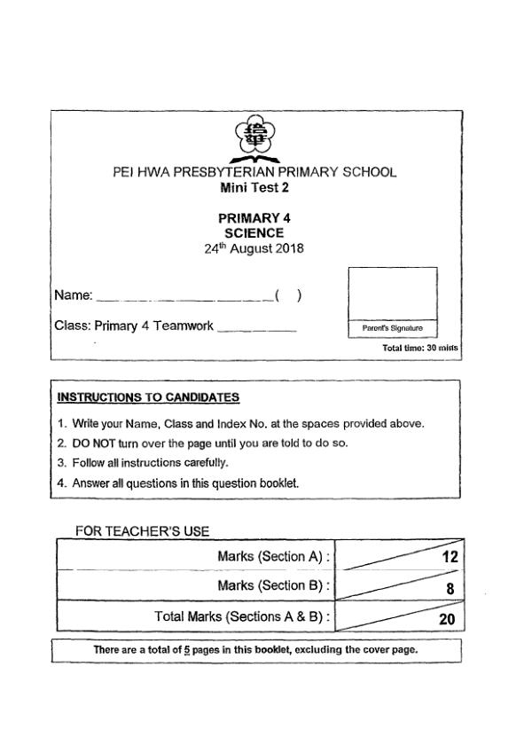 Pei Hwa P4 Sci WA3 2018 exam paper PDF first page preview