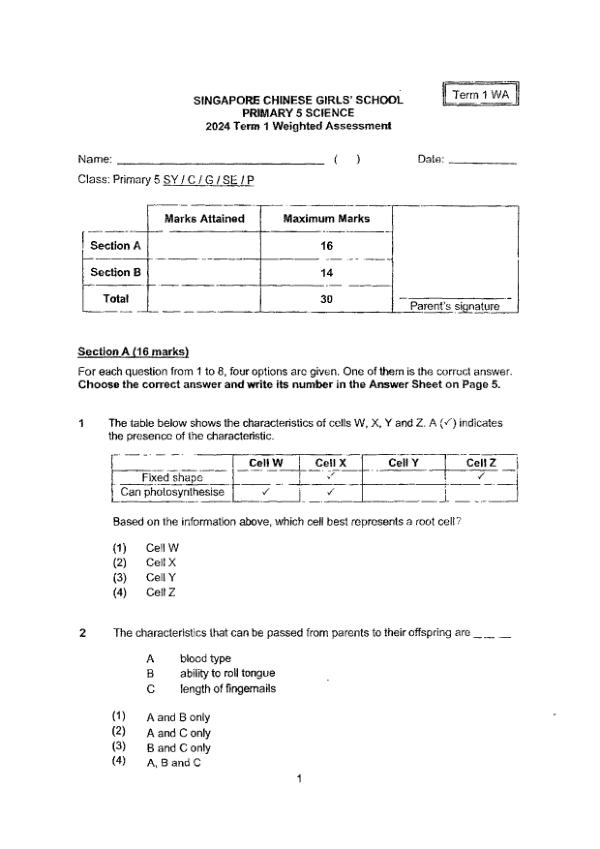 First page preview of P5 Sci 2024 WA1 — Singapore Chinese Girls