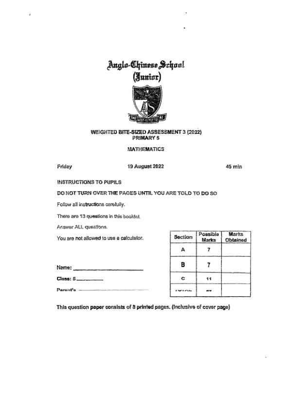 First page preview of P5 Math 2022 WA3 — Anglo Chinese
