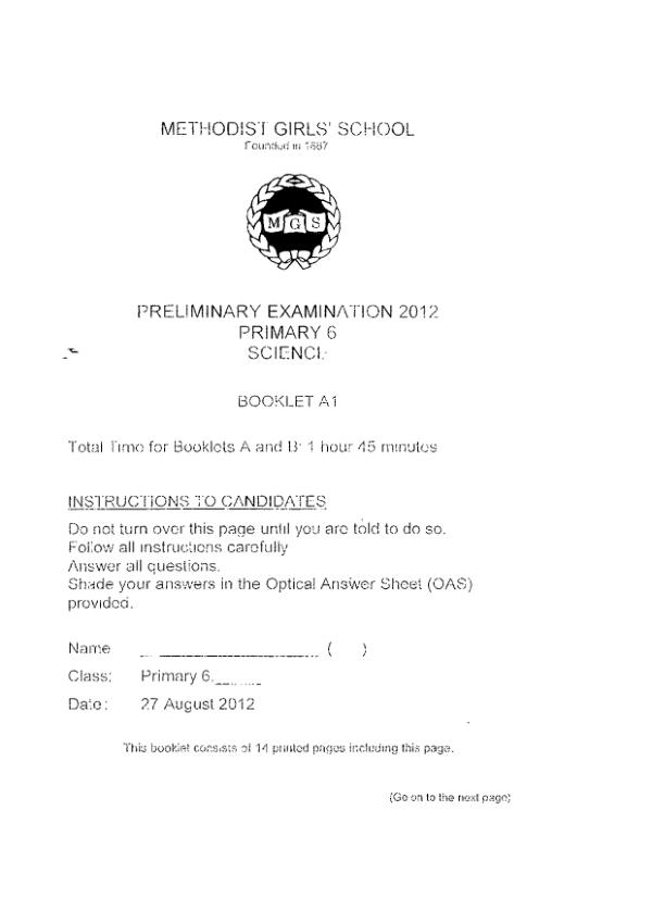 Methodist Girls P6 Sci SA2 2012 exam paper PDF preview