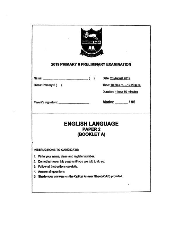 Tao Nan P6 Eng SA2 2019 exam paper PDF preview