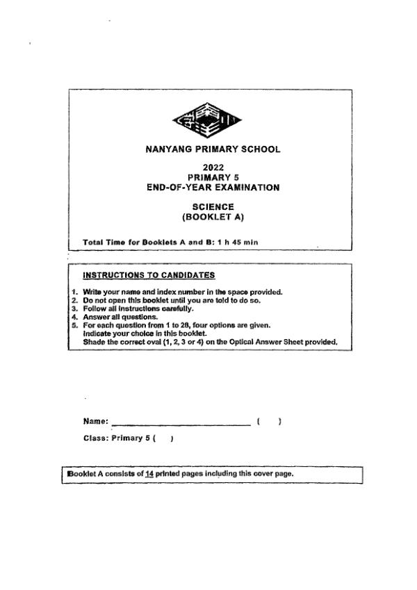 Nanyang P5 Sci SA2 2022 exam paper PDF first page preview