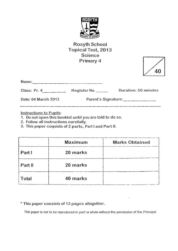 Rosyth P4 Sci WA1 2013 exam paper PDF preview