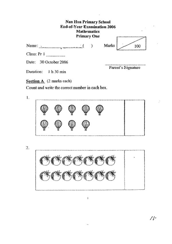 Nan Hua P1 Math SA2 2006 exam paper PDF preview