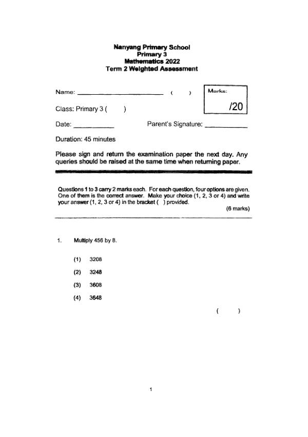 First page preview of P3 Math 2022 WA3 — Nanyang
