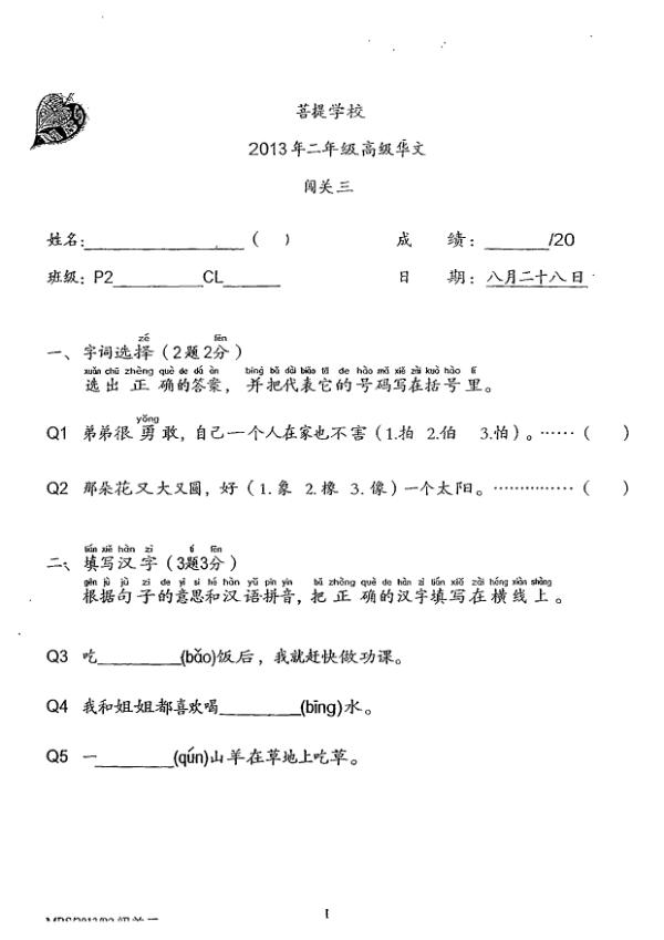 Maha Bodhi P2 Chi WA3 2013 exam paper PDF first page preview