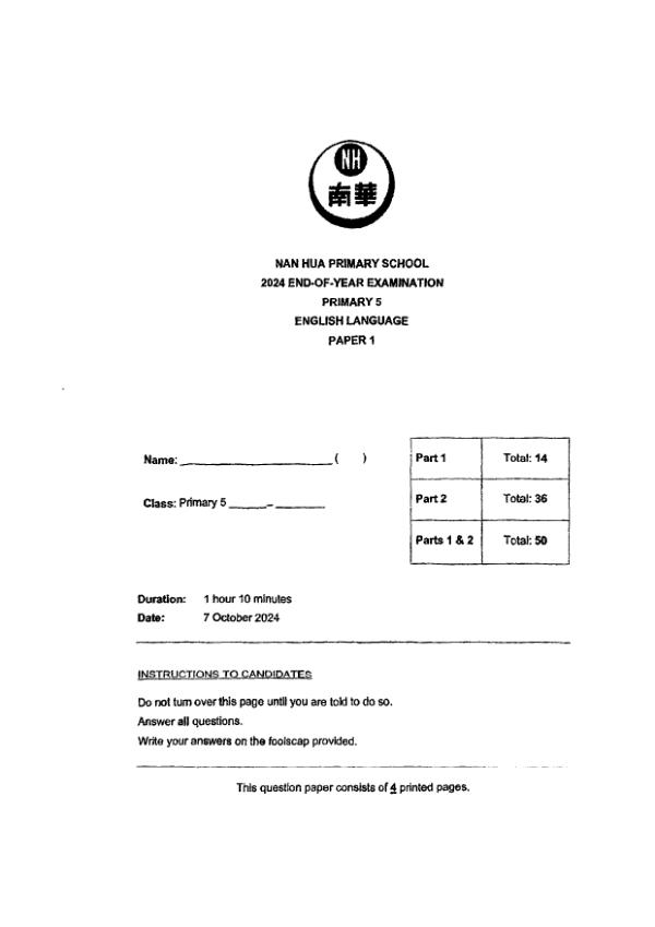 First page preview of P5 Eng 2024 SA2 — Nan Hua