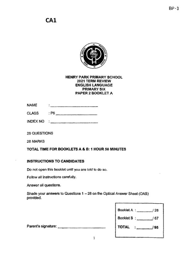 Henry Park P6 Eng WA1 2021 exam paper PDF preview