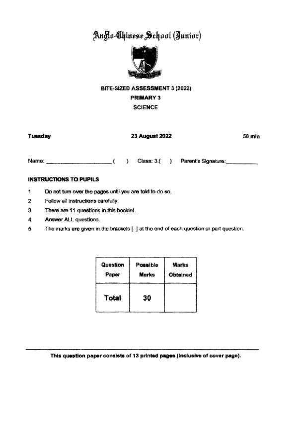 Anglo Chinese P3 Sci WA3 2022 exam paper PDF first page preview