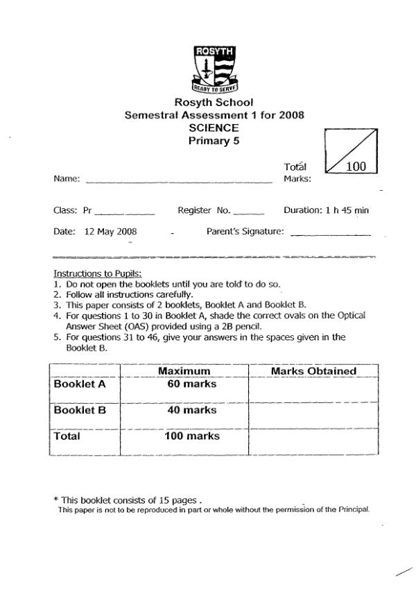 Rosyth P5 Sci WA2 2008 exam paper PDF preview