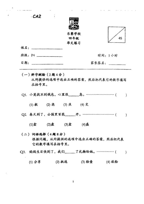 Rosyth P4 Chi WA3 2021 exam paper PDF preview
