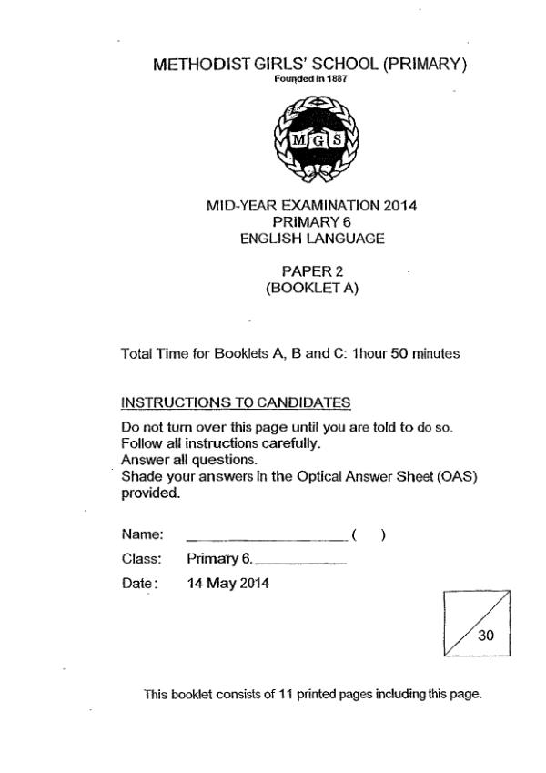 Methodist Girls P6 Eng WA2 2014 exam paper PDF first page preview