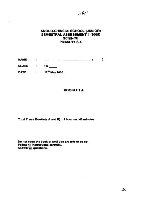 Anglo Chinese P6 Sci WA2 2005 exam paper PDF preview