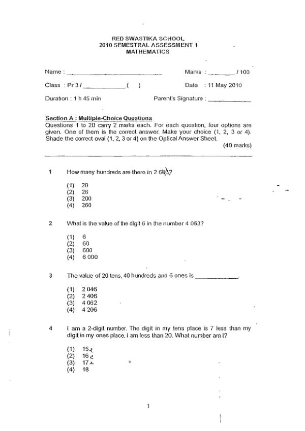 Red Swastika P3 Math WA2 2010 exam paper PDF first page preview