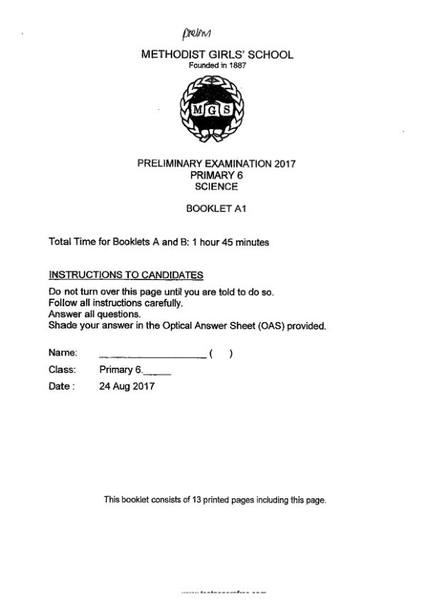 Methodist Girls P6 Sci SA2 2017 exam paper PDF first page preview