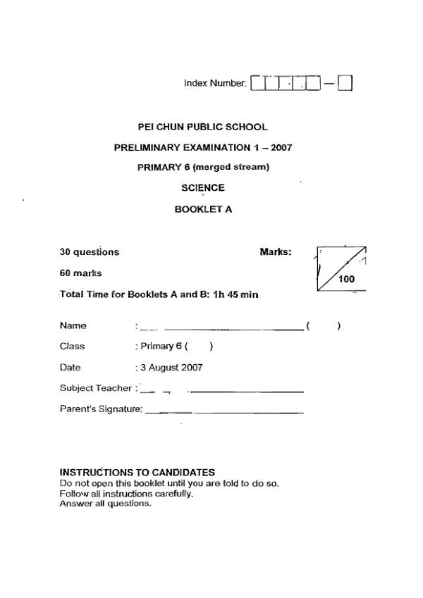 Pei Chun P6 Sci SA2 2007 exam paper PDF preview